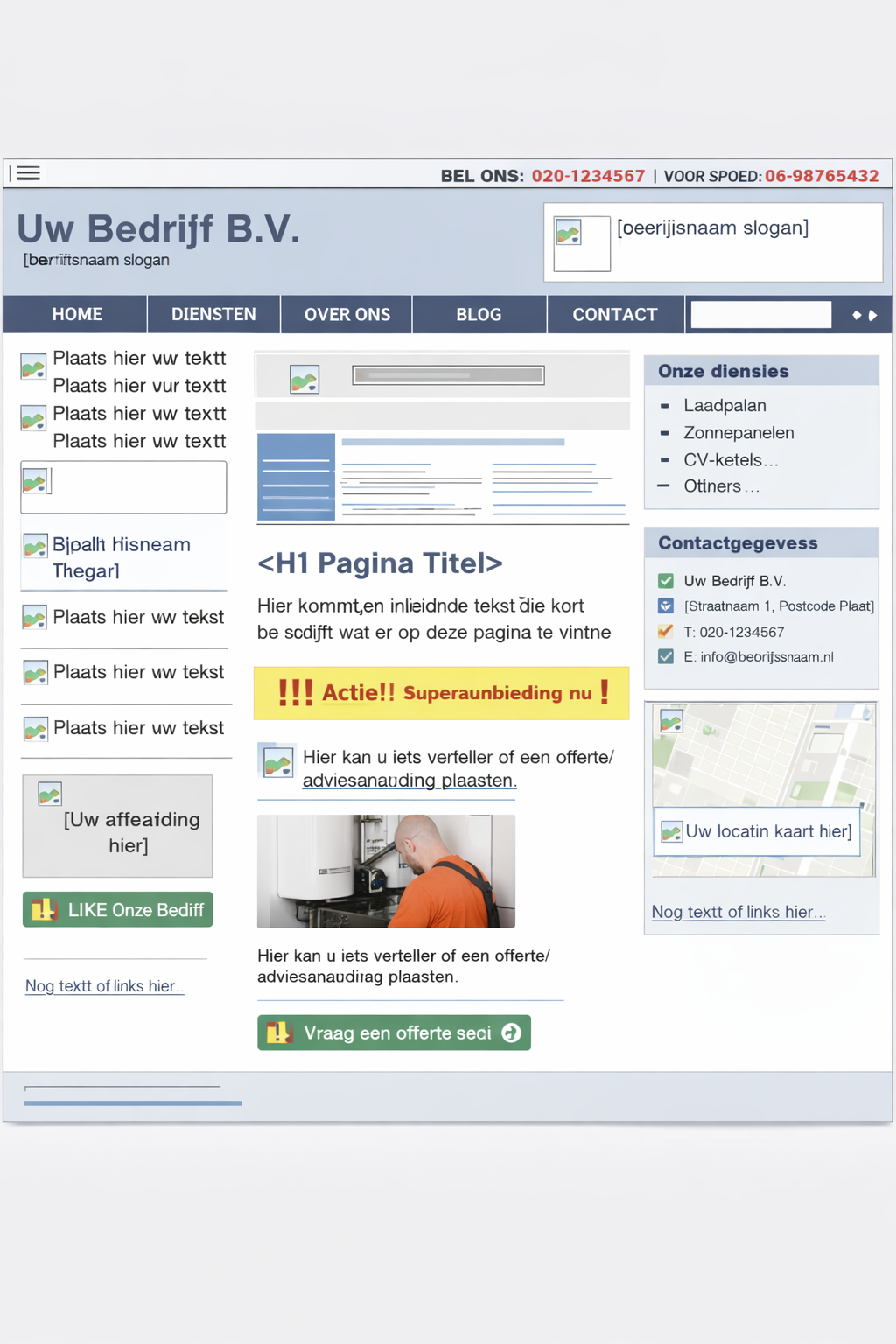 Voorbeeld van een verouderde website met rommelige layout