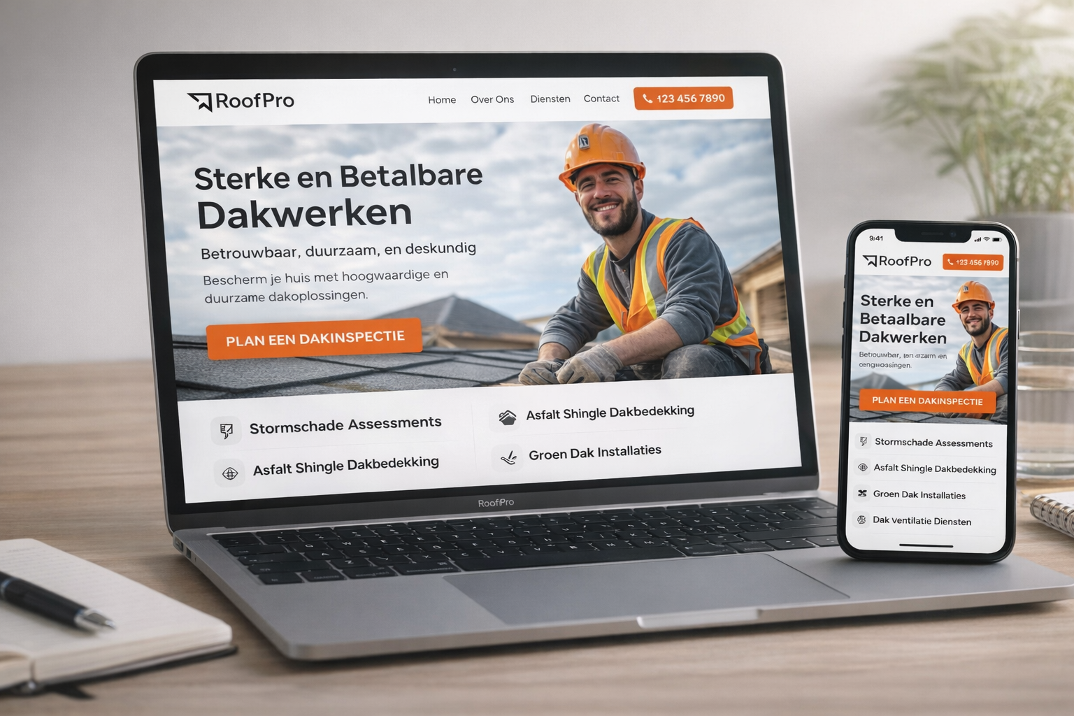 Voorbeeld professionele website voor installatiebedrijf op laptop en smartphone