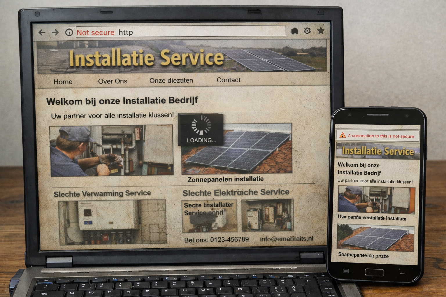 Voorbeeld verouderde website op laptop en smartphone